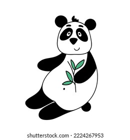Panda sitting with bamboo sprig isolated vector. Cute funny animal. Black and white bear illustration. Panda smiling baby character