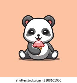 Panda Sitting Eating Ice Cream Cute Creative Kawaii Cartoon Mascot Logo