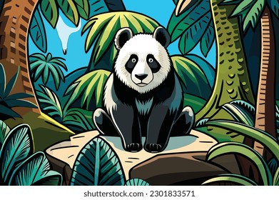 panda is sitting in the middle of the forest happily.Vector art animal