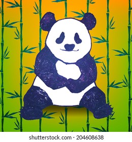 Panda sitting on bamboo background. Sketch, vector illustration.