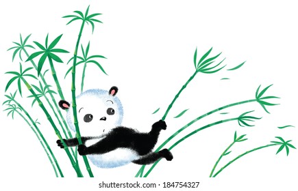 Panda sitting on bamboo, blown away by the wind