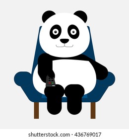Panda sitting on the sofa and old the remote in hand for watching television. Vector illustration. EPS10