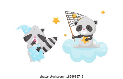Panda Sitting on Soft Cloud Catching Stars with Net and Raccoon in Bed Cap Yawning Holding Pillow Vector Set