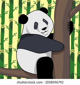 Panda sitting on a tree. Panda vector illustration. Cute panda in bamboo forest. China symbol. Red book's animal. Giant panda baby hold on to a tree. Chubby asian bear. Flat vector. Bamboo trees. 