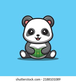 Panda Sitting Reading Book Cute Creative Kawaii Cartoon Mascot Logo