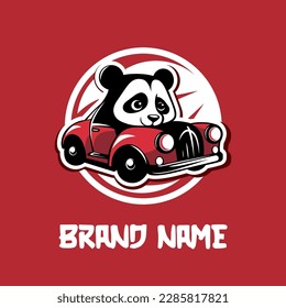 Panda sitting in a red car. Creative logo metaphor, revealing the concept of fast Delivery and service.