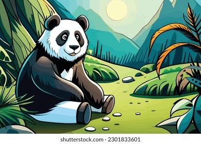 Panda is sitting relaxed in the forest.Vector art animal