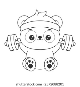 Panda sitting wearing a headband and lifting weights for coloring