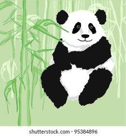 Panda sitting,with bamboo forest as background.