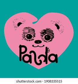 Panda esboza vector cardíaco. Ilustración, imprimir sobre un fondo verde azul. Logotipo. Para postales, invitaciones, dibujo de ropa, cuaderno