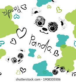 Panda sketch pattern vector . Seamless illustration, print on a white background with a blotchy silhouette. For postcards, invitations, drawing on clothes, notebook