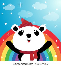 Panda in the sky with rainbow