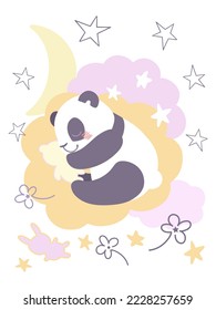 Panda sleep on cloud. background of star and cloud. with teddy bear. favorite children's toys. vector illustration. design for postcard and baby textile 