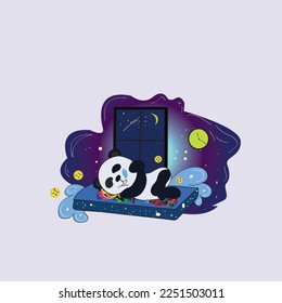 Panda sleeping on the bed design in a hand-drawn vector illustration 