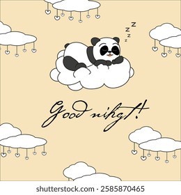 panda sleeping on cloud below lettering good night with clouds and hearts vector cute illustration