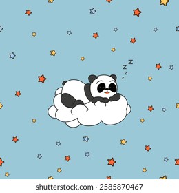 panda sleeping on a cloud children vector illustration blue background with stars
