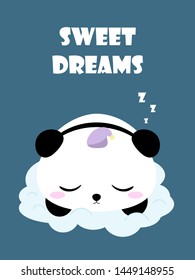 Panda sleeping on cloud. Postcard, banner, poster. Vector illustration.