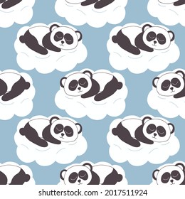 panda sleeping on a cloud seamless pattern. hand drawn doodle. vector, minimalism. nursery animal, cute decor for kids room. newborn, wallpaper, textile, wrapping paper