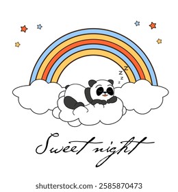 A panda sleeping on a cloud under a rainbow says sweet dreams.