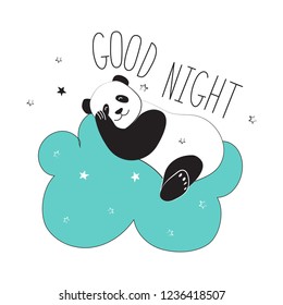 Panda sleeps on a cloud. The typographic slogan of good night. Vector illustration