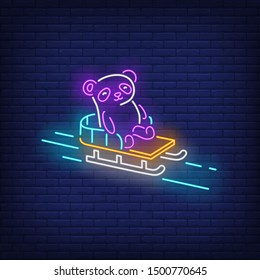 Panda sliding on sledge neon sign. Animal, winter season design. Night bright neon sign, colorful billboard, light banner. Vector illustration in neon style.