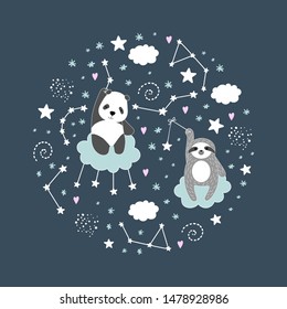 Сute panda, sloth, stars, clouds. Creative good night print. Great for kids apparel, nursery decoration. Vector Illustration