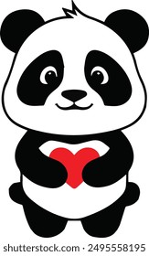 panda with a smile a red heart of love