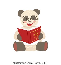 Panda Smiling Bookworm Zoo Character Wearing Glasses And Reading A Book Cartoon Illustration Part Of Animals In Library Collection