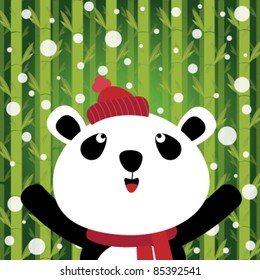 Panda and snow on bamboo background