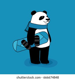 Panda with snowboard. Cute vector illustration