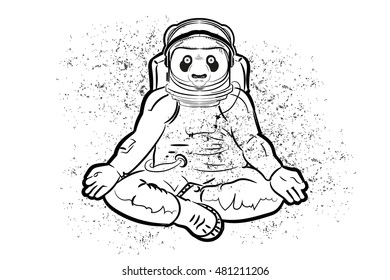 Panda in space. bear in astronaut suit. posture for relaxation. black and white
