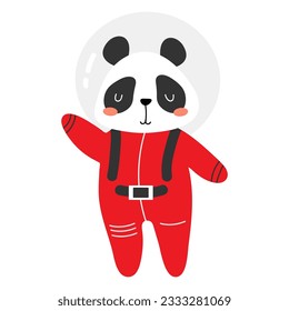 Panda en un espacio. Ilustración vectorial de un lindo animal espacial. Hermoso carácter vectorial. Tema espacial. Carácter infantil de estilo plano. Objeto aislado sobre fondo blanco. 