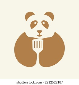 Panda Spatula Logo Negative Space Concept Vector Template. Panda Holding Spatula Symbol