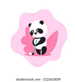 Panda and sport concept. Cute panda playing golf cartoon illustration. Vector Panda bear character in flat style.