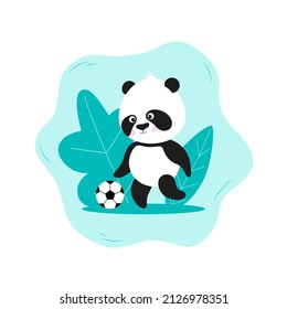 Panda and sport illustration. Cute panda bear character playing soccer. Vector sport concept in flat style.