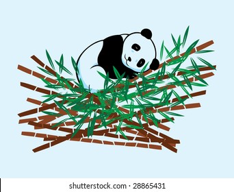 A panda squatting on branches of bamboo and leaf.