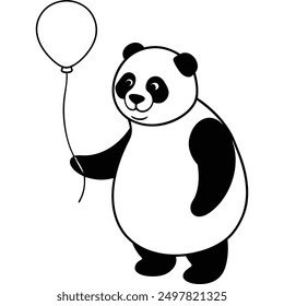 Panda stand and holding balloon on his hand. Hand draw panda cute panda outline with balloon illustration.