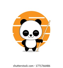 panda Is standing, Holding a stick and smiling, panda wants to prepare for Martial Arts and action. panda action