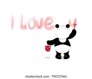 Panda está de pie con un cubo de pintura y un pincel de escritura que te amo. Texto de color rojo. Fondo blanco, aislado. El concepto de San Valentín. Postales con amor, pancarta. Ilustración del vector 