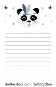 Panda with stars, childish vector illustration. Page for notebook with with hand drawn elements.Printable page template design.
