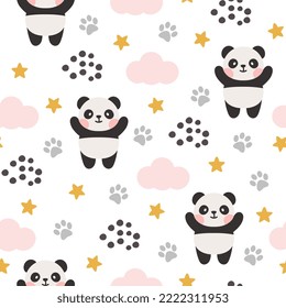 Panda, stars and clouds cute kids seamless pattern design. Clean white background pajama print, fabric and textile. 