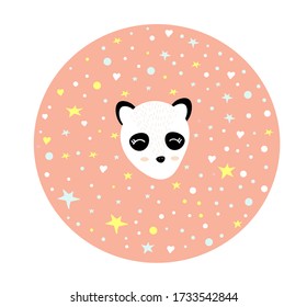 Panda with stars on a white background. Panda in cartoon style. Vector isolated illustration with a wild animal. Printing on mugs, postcards, invitation cards. Doodle style. Exotic animal.