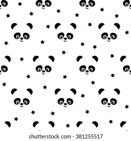 Panda with stars seamless pattern on white background. Cute vector background with smiling baby animal panda. Child style illustration.