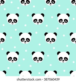 Panda with stars seamless pattern on blue background. Cute design for print on baby's clothes. Vector background with smiling baby animal panda. Child style illustration. 