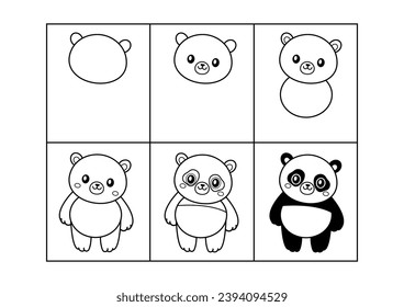 Panda. Step by step drawing. Coloring page, coloring book page. Black and white vector illustration.