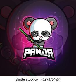 The panda with stick mascot esport logo design of illustration