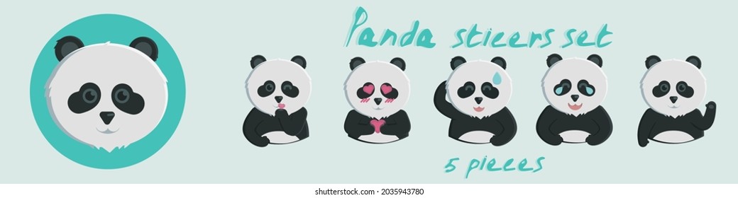 Panda stickers set. Vector illustration of a panda. Flat cartoon style suitable for web landing page, banner, flyer, sticker, postcard. Vector illustration.