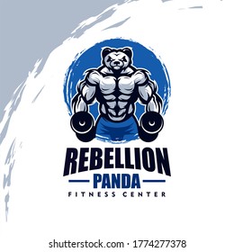 Panda with strong body, fitness club or gym logo. Design element for company logo, label, emblem, apparel or other merchandise. Scalable and editable Vector illustration.