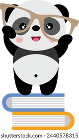 Panda student holding glasses on top of books