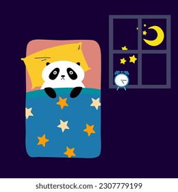 Panda suffering from insomnia at night. Vector illustration.